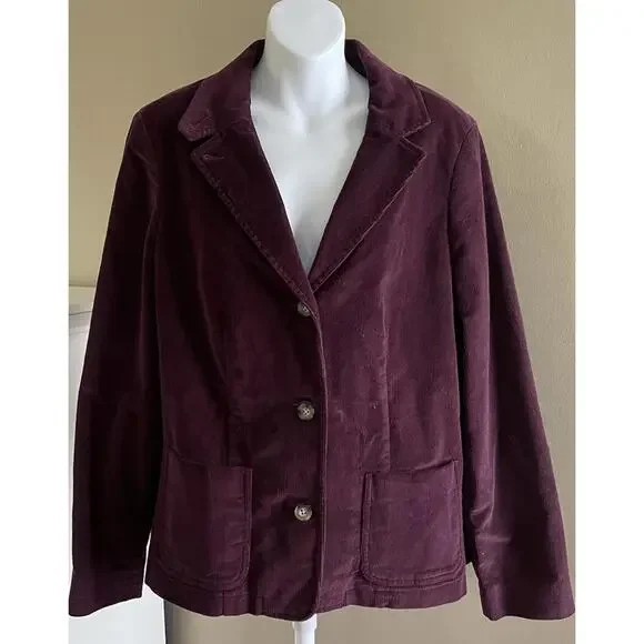 LL Bean Blazer Womens Size 16 R Plum Corduroy Button Jacket Pockets Classic - Picture 1 of 9